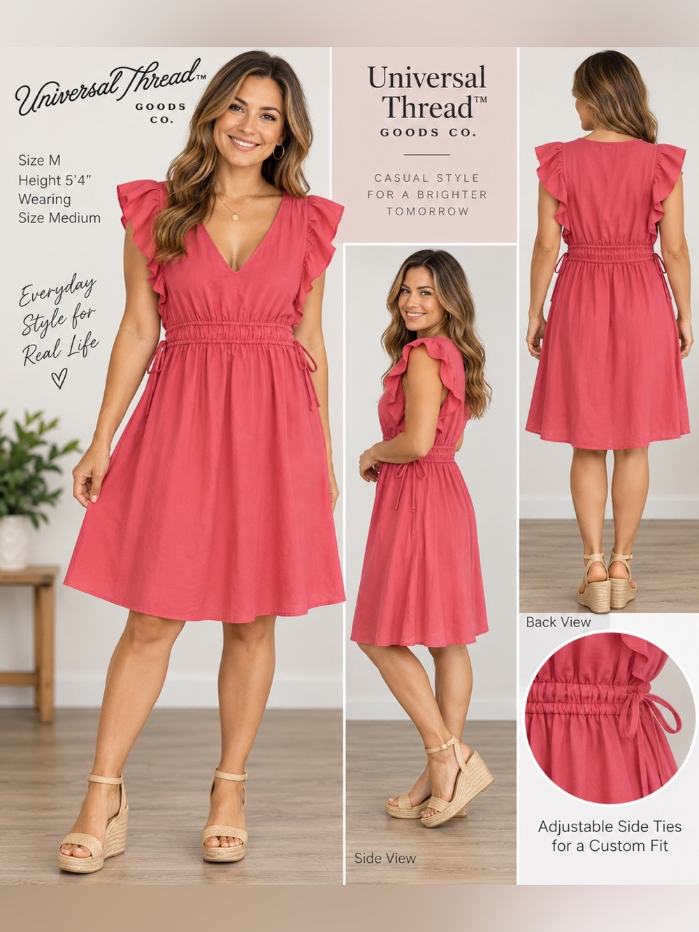Women A-line Dress Short Pink Ruffle Sleeve V-Neck Size M Universal Thread Brand